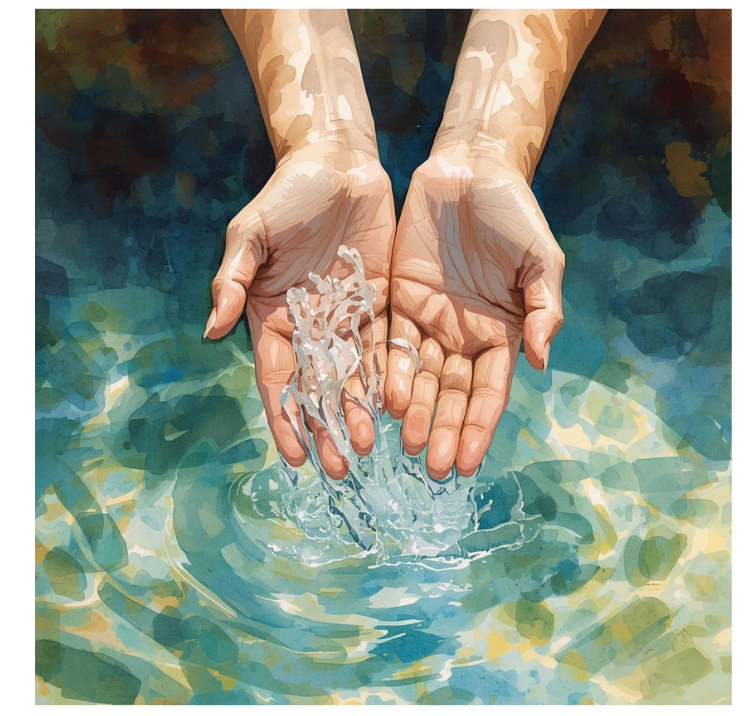 Foto: mit ChatGPT erstellt Wasser - Grundlage des Lebens. Zwei Hände halten Wasser. Foto: mit ChatGPT erstellt